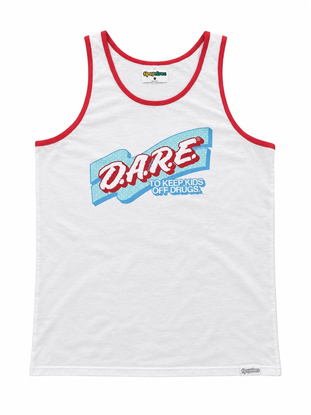 NWT Tipsy Elves Men's Patriotic DARE Tank Top White Red Ringer 90s nostalgia LG